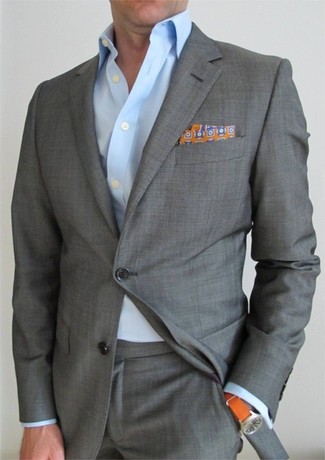 Orange Print Pocket Square Outfits: If you're searching for a casual and at the same time seriously stylish outfit, dress in a grey suit and an orange print pocket square.