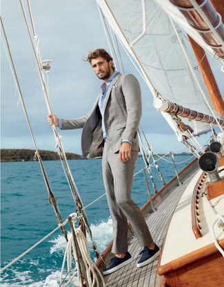 Men's Grey Suit, Light Blue Long Sleeve Shirt, Navy Plimsolls
