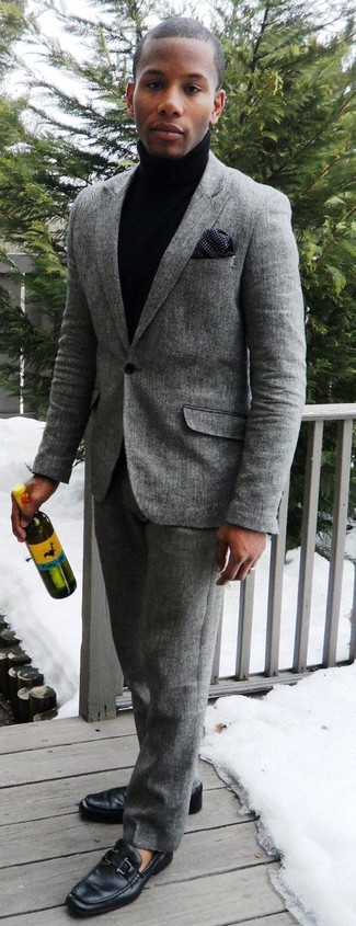 Men's Grey Wool Suit, Navy Turtleneck, Black Leather Loafers, Navy and White Polka Dot Silk Pocket Square