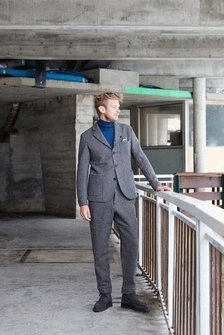 Charcoal Check Wool Suit Outfits: Such items as a charcoal check wool suit and a navy turtleneck are the ideal way to introduce extra polish into your casual collection. And if you need to instantly dress down this look with a pair of shoes, why not complement your outfit with charcoal suede desert boots?