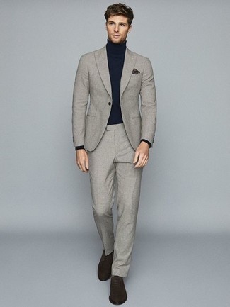 Grey Check Suit Outfits: A semi-casual pairing of a grey check suit and a navy turtleneck can maintain its relevance in a great deal of settings. Finishing off with a pair of dark brown suede derby shoes is an effortless way to bring a bit of depth to this ensemble.