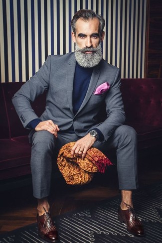 Grey Check Suit Outfits: This combo of a grey check suit and a navy turtleneck is hard proof that a safe ensemble can still be really interesting. And if you need to instantly level up your look with one single item, complete your outfit with dark brown leather oxford shoes.