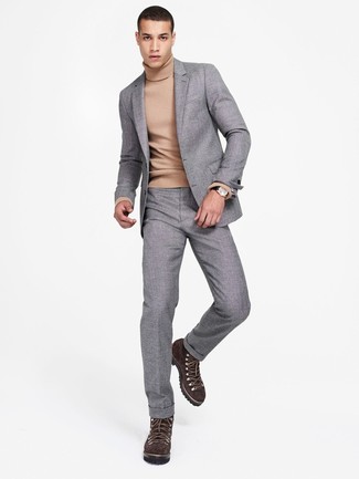 Men's Grey Wool Suit, Tan Turtleneck, Dark Brown Suede Work Boots, Black Leather Watch