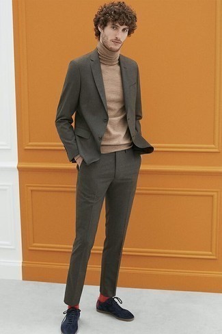Blue Suede Low Top Sneakers Outfits For Men: This classy combo of a grey suit and a tan turtleneck will be a good demonstration of your styling savvy. Add a different twist to an otherwise all-too-safe getup by finishing off with a pair of blue suede low top sneakers.