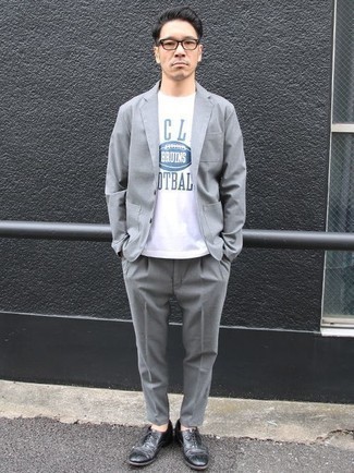 Men's Grey Suit, White and Blue Print Crew-neck T-shirt, Black Leather Oxford Shoes, Clear Sunglasses