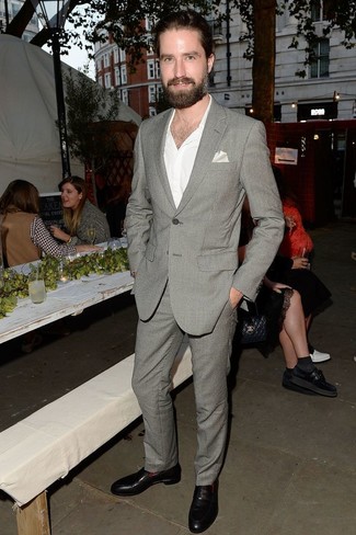 Jack Guinness wearing Grey Suit, White Dress Shirt, Black Leather Loafers