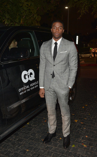 Chadwick Boseman wearing Grey Plaid Suit, White Dress Shirt, Black Leather Oxford Shoes, Black Tie