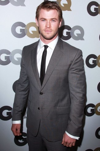 Chris Hemsworth wearing Grey Suit, White Dress Shirt, Black Tie