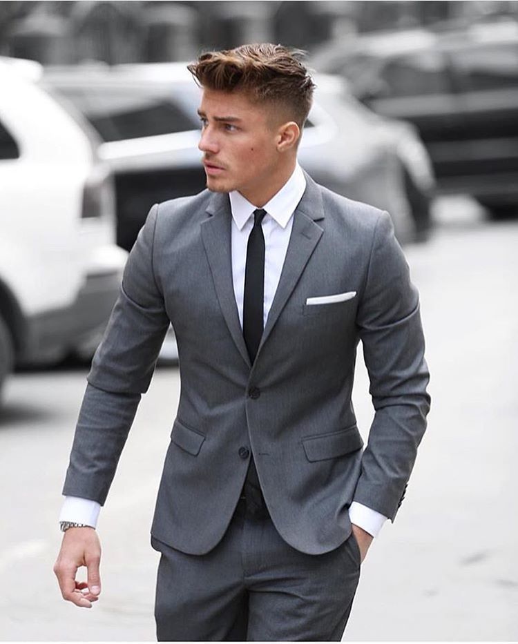 Men's Grey Suit, White Dress Shirt, Black Tie, White Pocket Square