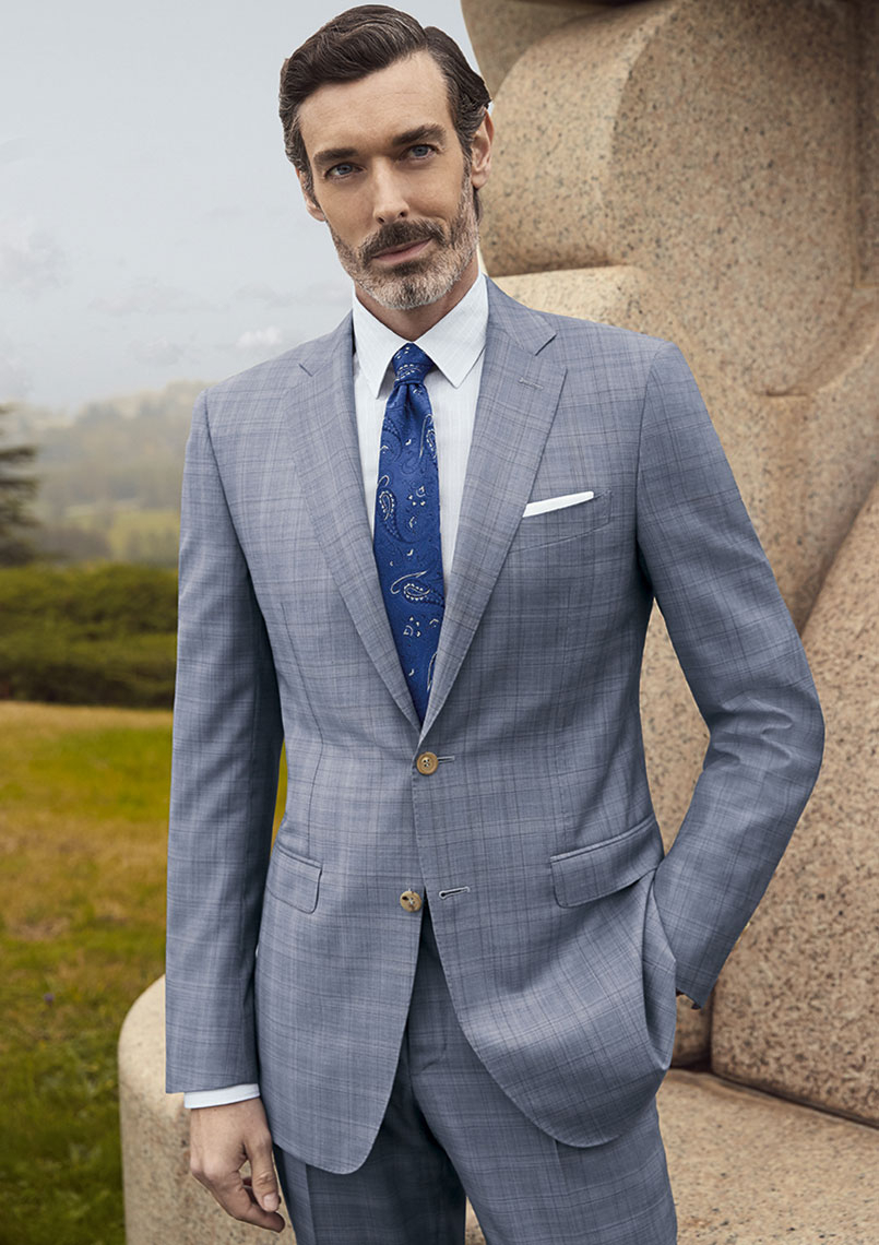 Men'S Grey Plaid Suit, White Dress Shirt, Blue Paisley Tie, White Pocket  Square | Lookastic