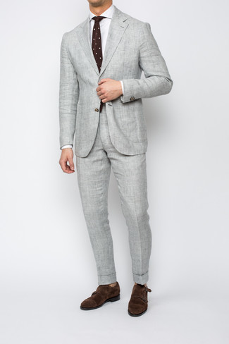 Brown Polka Dot Tie Outfits For Men: We love how this combo of a grey plaid suit and a brown polka dot tie immediately makes men look sharp and refined. Unimpressed with this outfit? Enter a pair of dark brown suede double monks to switch things up.