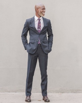 Light Violet Tie Outfits For Men: A grey vertical striped suit and a light violet tie are a refined ensemble that every modern gent should have in his arsenal. Give a relaxed twist to this outfit by wearing a pair of dark brown leather oxford shoes.