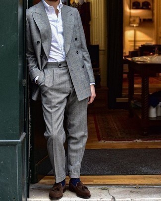 Grey Plaid Suit Outfits: This combo of a grey plaid suit and a white dress shirt is a safe option when you need to look really sharp. Complement this look with dark brown suede tassel loafers et voila, the ensemble is complete.