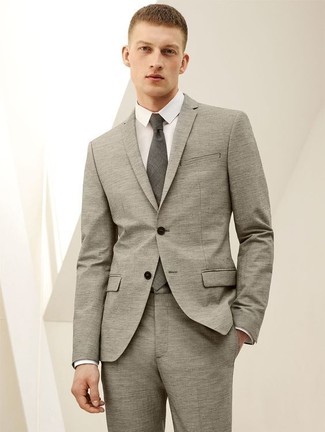 Men's Grey Suit, White Dress Shirt, Grey Tie