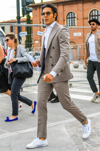 Men's Grey Suit, White Dress Shirt, White Leather Low Top Sneakers, Navy Sunglasses
