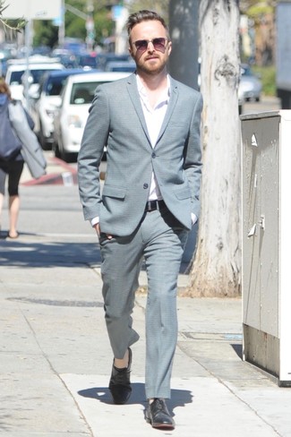 Aaron Paul wearing Grey Suit, White Long Sleeve Shirt, Black Leather Derby Shoes, Black Leather Belt