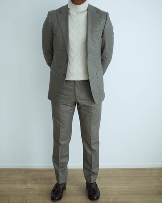 Men's Grey Suit, White Knit Wool Turtleneck, Dark Brown Leather Tassel Loafers, Dark Brown Socks