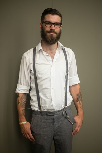 Men's Grey Suspenders, Grey Check Wool Dress Pants, White Long Sleeve Shirt