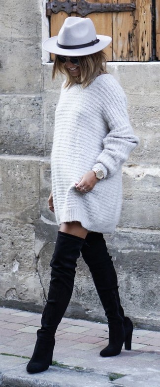 Women's Grey Sweater Dress, Black Suede Over The Knee Boots, Grey Wool Hat, White Leather Watch