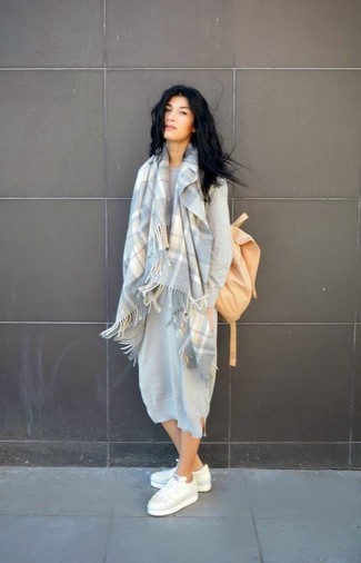 Women's Grey Sweater Dress, White Low Top Sneakers, Tan Backpack, Grey Plaid Scarf