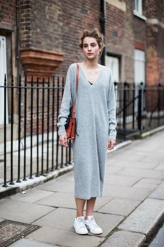 Women's Grey Sweater Dress, White Low Top Sneakers, Tobacco Leather Crossbody Bag