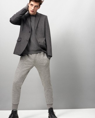 Men's Black Leather Casual Boots, Grey Sweatpants, Grey Crew-neck Sweater, Grey Wool Blazer