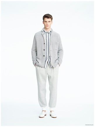 Men's White Leather Loafers, Grey Sweatpants, Grey Vertical Striped Dress Shirt, Grey Shawl Cardigan