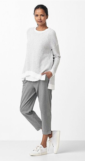 Women's White Canvas Low Top Sneakers, Grey Sweatpants, White Crew-neck T-shirt, Grey Oversized Sweater
