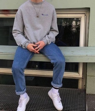 Men's Grey Sweatshirt, Blue Jeans, White Leather Low Top Sneakers, White and Black Socks