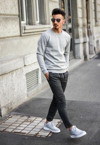 Men's Grey Sweatshirt, Charcoal Vertical Striped Chinos, Grey Leather Low Top Sneakers, Silver Sunglasses