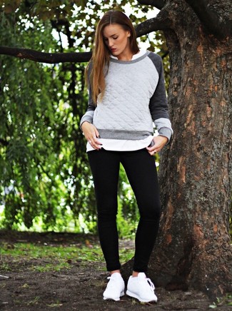Women's Grey Quilted Sweatshirt, White Henley Shirt, Black Leggings, White Leather Low Top Sneakers