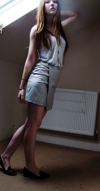 Women's Grey Tank, Grey Leather Mini Skirt, Black Embellished Suede Loafers