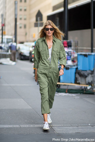 Women's Grey Tank, Olive Jumpsuit, White Canvas High Top Sneakers, Black Sunglasses