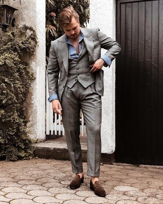 Grey Three Piece Suit Outfits: Nail the classic look with a grey three piece suit and a blue chambray long sleeve shirt. Complete this outfit with a pair of dark brown suede loafers and you're all done and looking dashing.