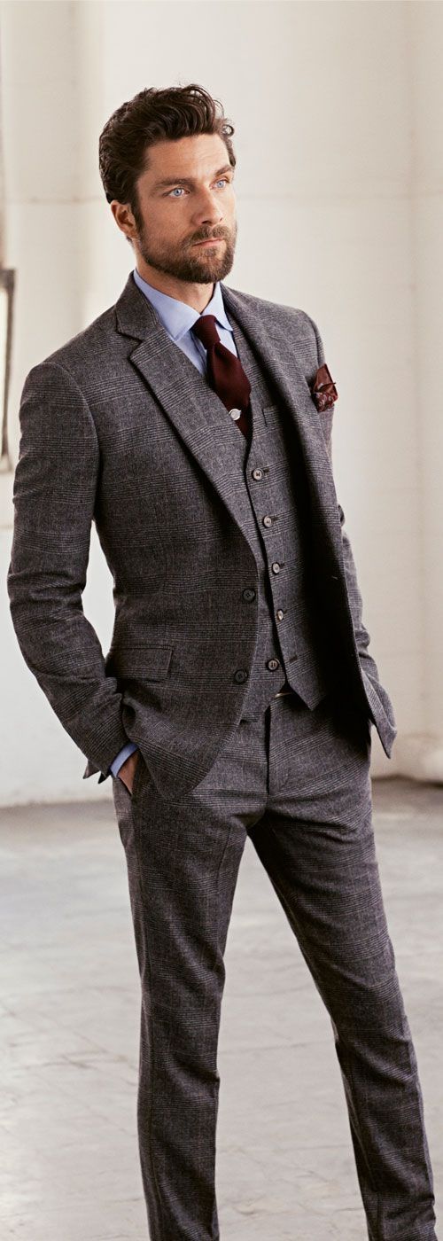 Men'S Grey Wool Three Piece Suit, Light Blue Dress Shirt, Dark Brown Tie,  Dark Brown Print Pocket Square | Lookastic