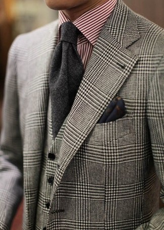 Grey Plaid Suit Dressy Outfits: Pair a grey plaid suit with a white and red vertical striped dress shirt for a proper polished outfit.