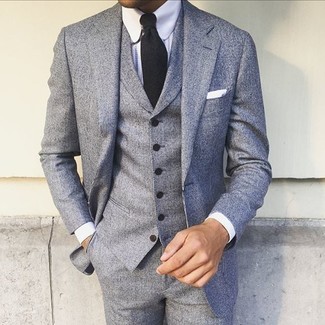 Men'S Grey Three Piece Suit, White Dress Shirt, Black Tie, White Pocket  Square | Lookastic