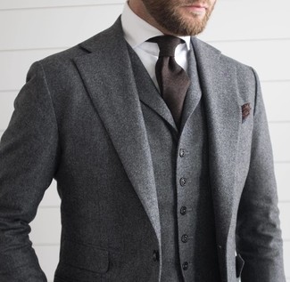 Men's Grey Wool Three Piece Suit, White Dress Shirt, Dark Brown Tie, Dark Brown Pocket Square
