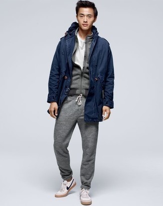 Men's White and Navy Canvas Low Top Sneakers, Grey Track Suit, White Crew-neck T-shirt, Navy Parka