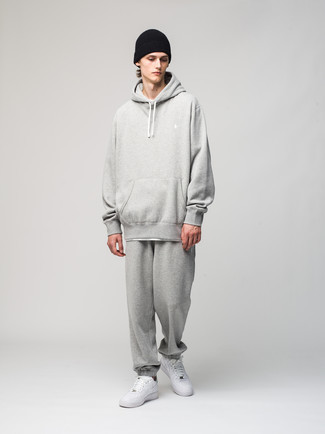 Men's Grey Track Suit, White Leather Low Top Sneakers, Black Beanie