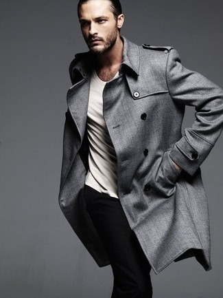 Grey Trenchcoat Outfits For Men: If you don't take fashion lightly, go for classy style in a grey trenchcoat and black chinos.