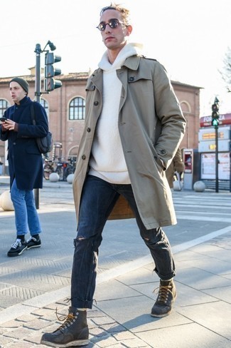 Grey Trenchcoat With Ripped Jeans, Gray Trench Coat Hoodie