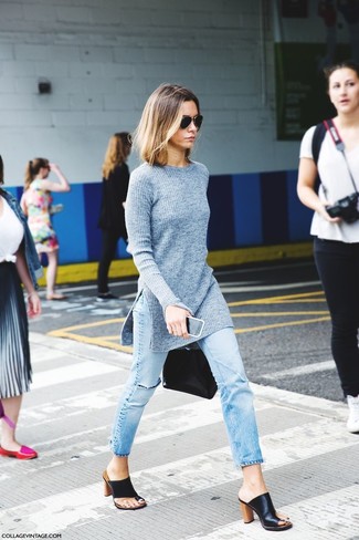 Charcoal Knit Tunic Outfits: For an edgy and casual getup, try teaming a charcoal knit tunic with light blue ripped jeans — these two pieces play pretty good together. Avoid looking too casual by finishing off with a pair of black leather heeled sandals.