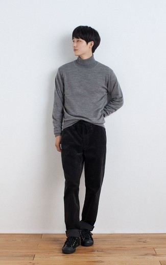 Black Corduroy Chinos Outfits: This combo of a grey turtleneck and black corduroy chinos is impeccably stylish and yet it's casual and apt for anything. Serve a little outfit-mixing magic by slipping into black canvas low top sneakers.