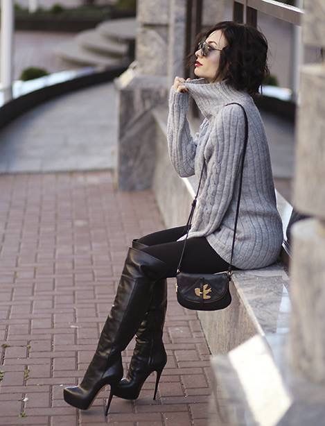 Women's Grey Knit Turtleneck, Black Leggings, Black Leather Over The ...