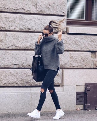 Women's Grey Knit Turtleneck, Black Ripped Skinny Jeans, White Athletic Shoes, Black Leather Tote Bag