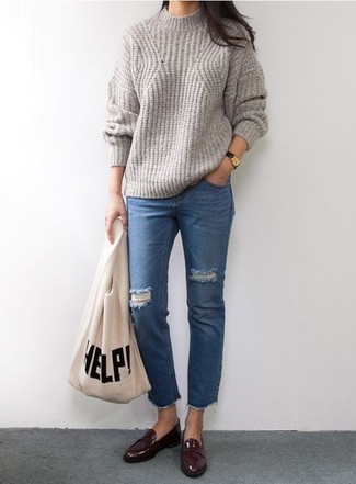 Women's Grey Knit Turtleneck, Blue Ripped Jeans, Burgundy Leather Loafers, Black Leather Watch