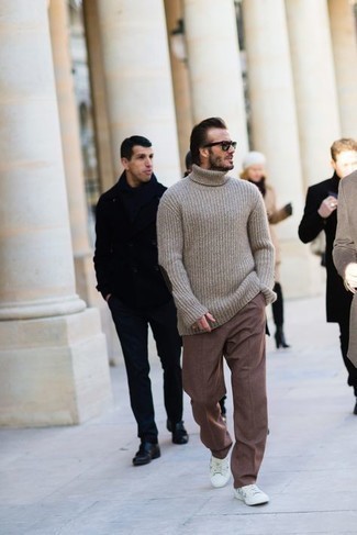 Black Sunglasses Warm Weather Outfits For Men: Showcase your skills in men's fashion in this off-duty combination of a grey knit wool turtleneck and black sunglasses. You know how to play it up: white print canvas low top sneakers.
