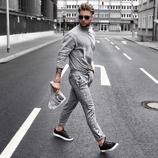 Men's Grey Turtleneck, Grey Check Chinos, Black Leather Low Top Sneakers
