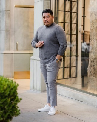 Grey Turtleneck Outfits For Men: This combo of a grey turtleneck and grey check chinos is ideal for casual situations. White canvas low top sneakers will be a stylish complement to this outfit.